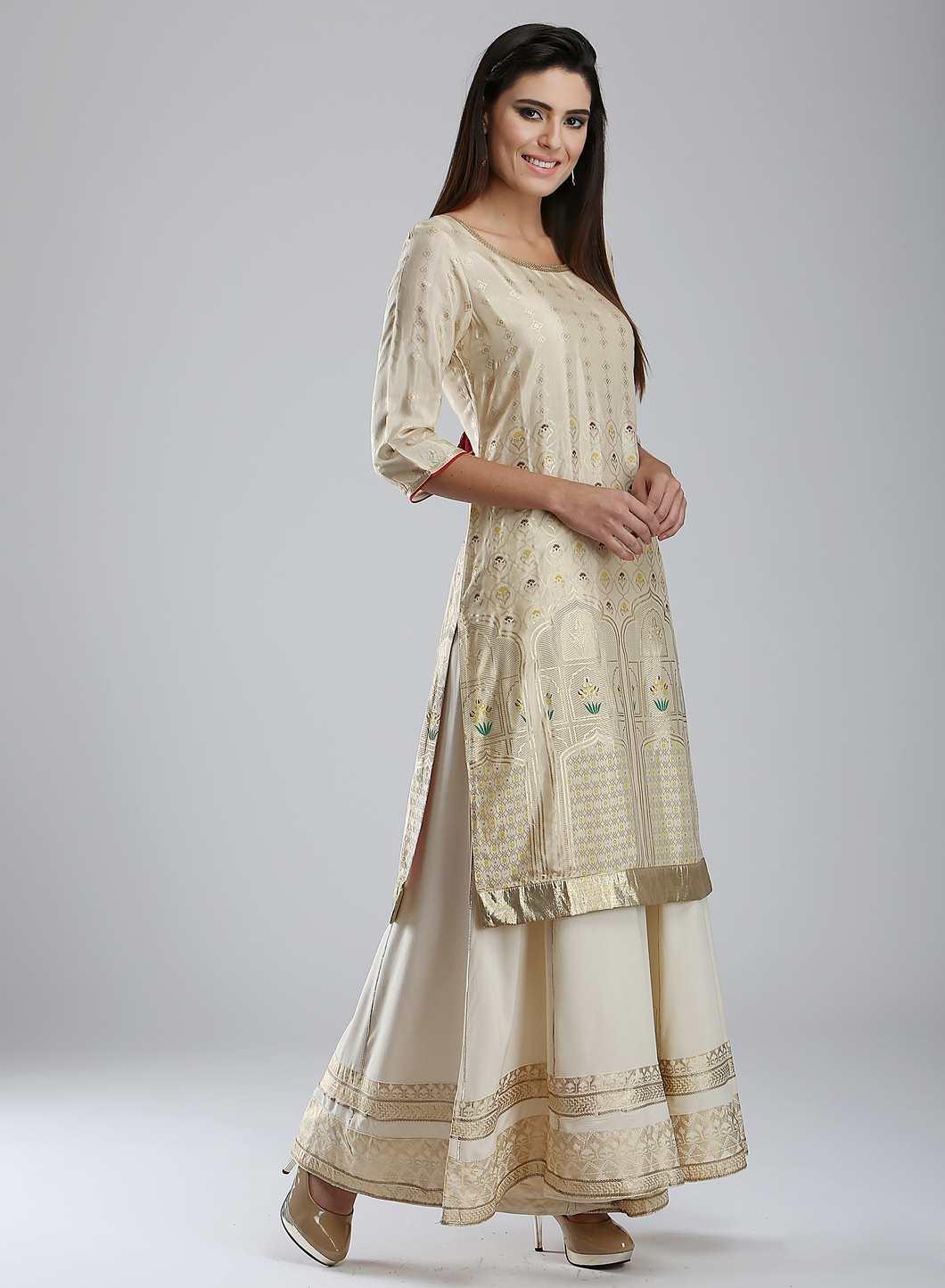 Golden Round Neck Printed kurta - wforwoman