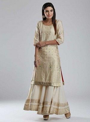 Golden Round Neck Printed kurta - wforwoman