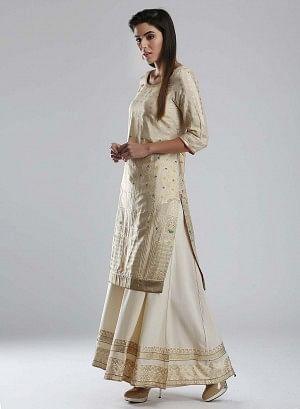 Golden Round Neck Printed kurta - wforwoman