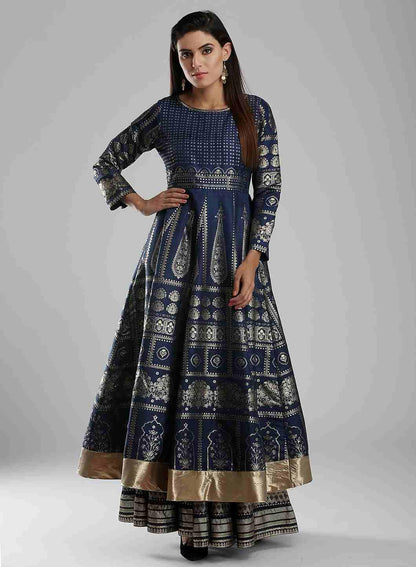 Blue Round Neck Embellished Mughal Gown - wforwoman