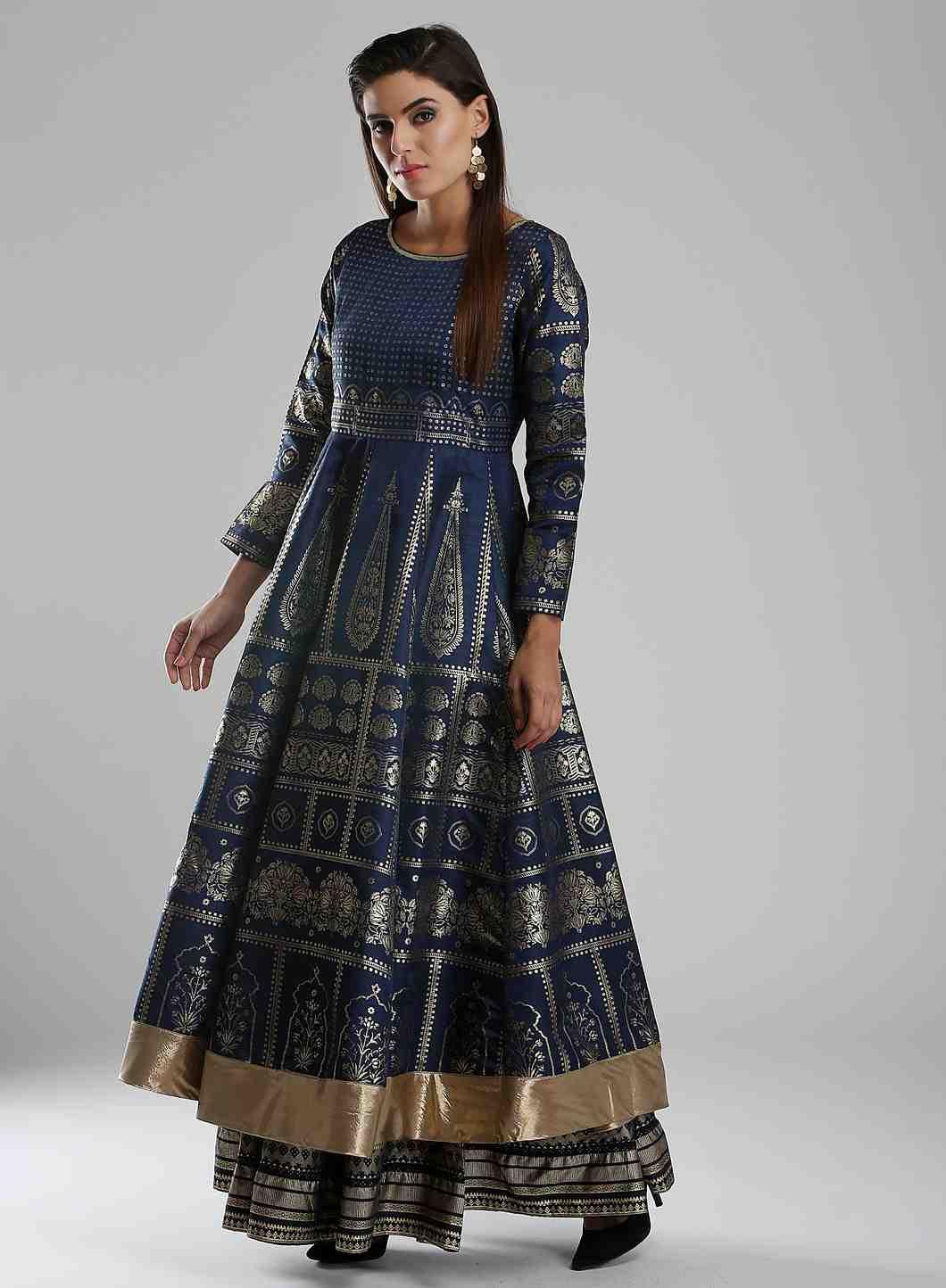 Blue Round Neck Embellished Mughal Gown - wforwoman