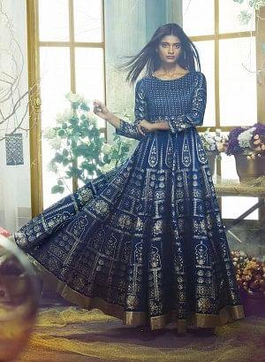 Blue Round Neck Embellished Mughal Gown - wforwoman