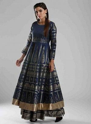 Blue Round Neck Embellished Mughal Gown - wforwoman