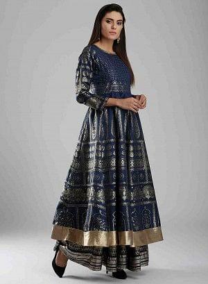 Blue Round Neck Embellished Mughal Gown - wforwoman