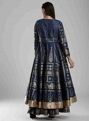 Blue Round Neck Embellished Mughal Gown - wforwoman