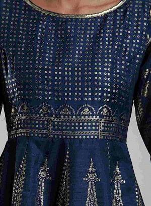 Blue Round Neck Embellished Mughal Gown - wforwoman