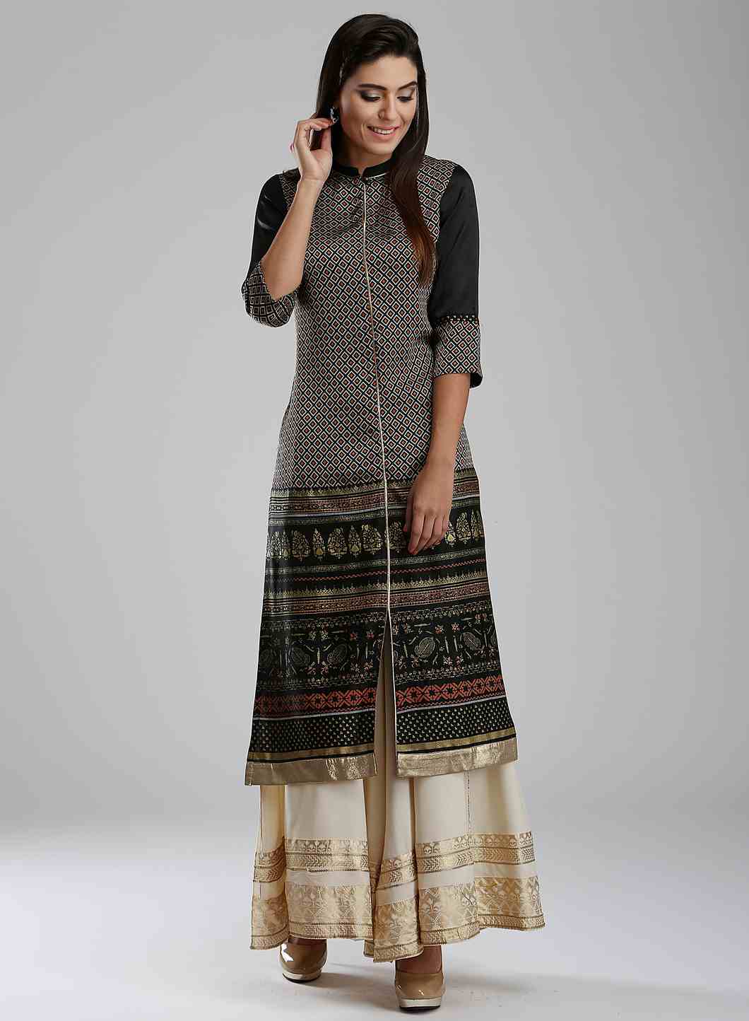 Black Mandarin Neck Printed kurta