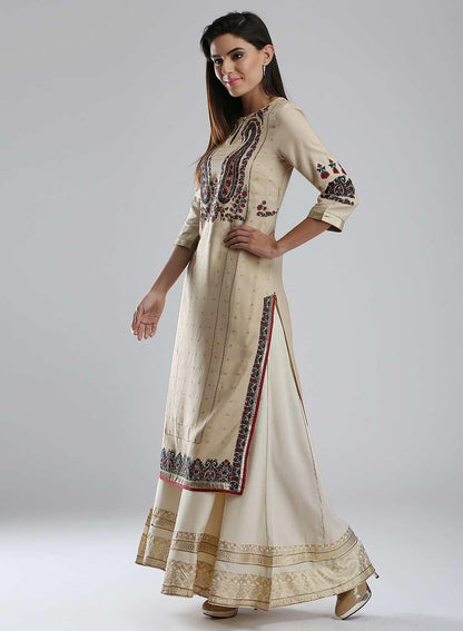 Golden Printed Round Neck kurta - wforwoman