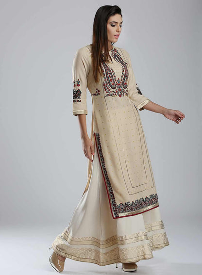 Golden Printed Round Neck kurta - wforwoman