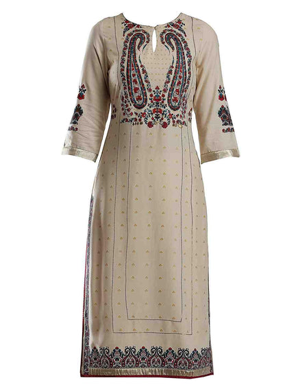 Golden Printed Round Neck kurta - wforwoman