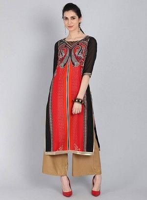 Red &amp; Black Printed Round Neck kurta - wforwoman