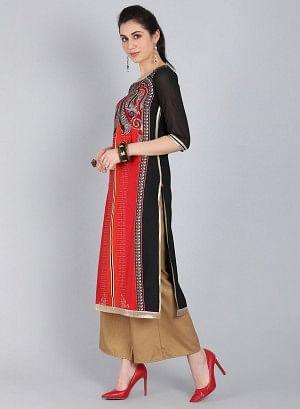 Red &amp; Black Printed Round Neck kurta - wforwoman