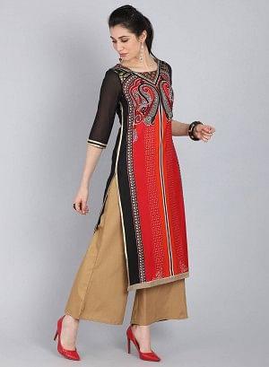 Red &amp; Black Printed Round Neck kurta - wforwoman