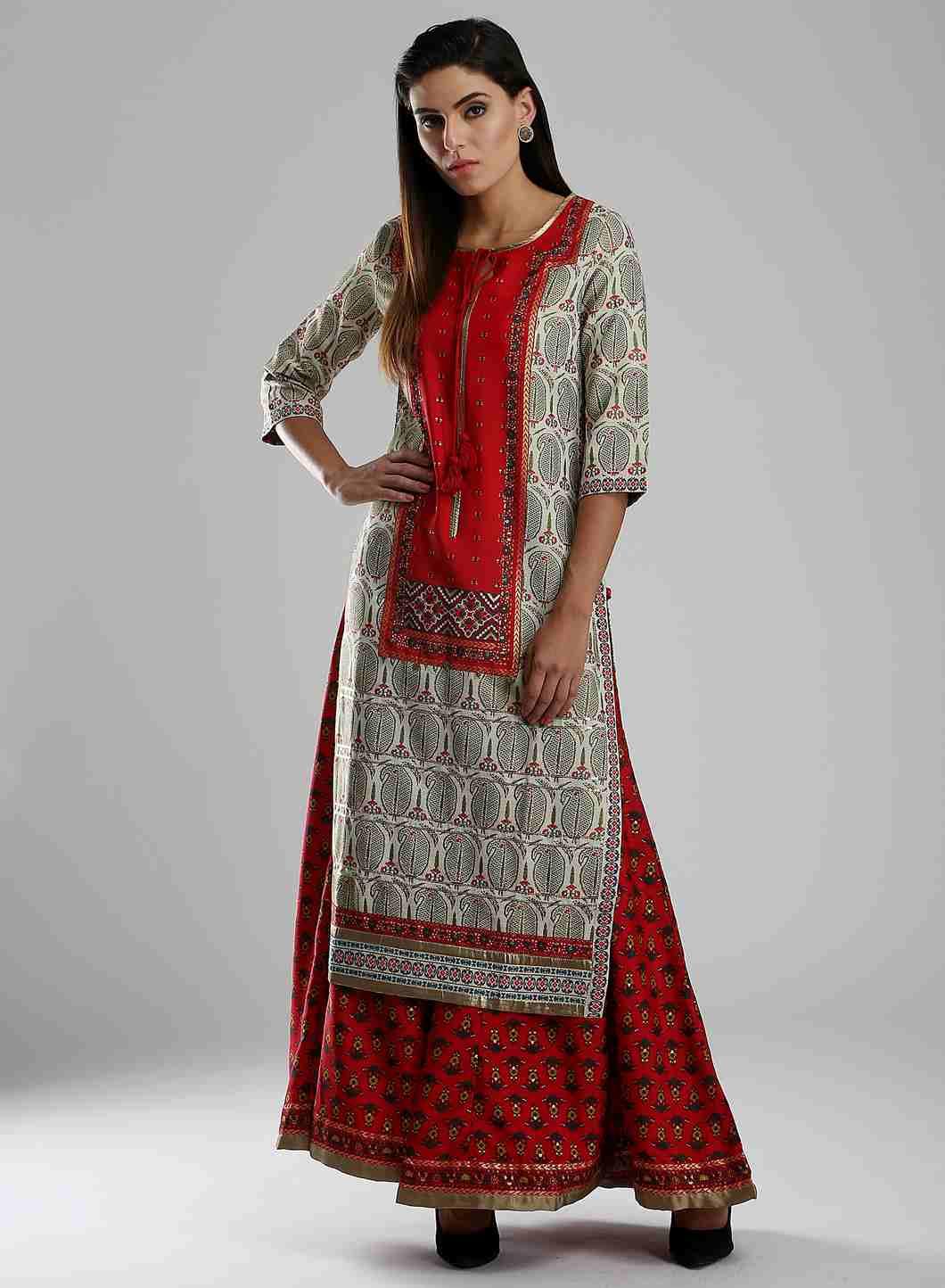 Off-White &amp; Red Printed kurta - wforwoman