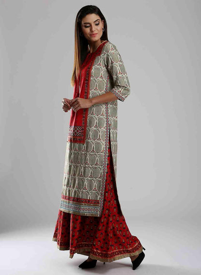 Off-White &amp; Red Printed kurta - wforwoman