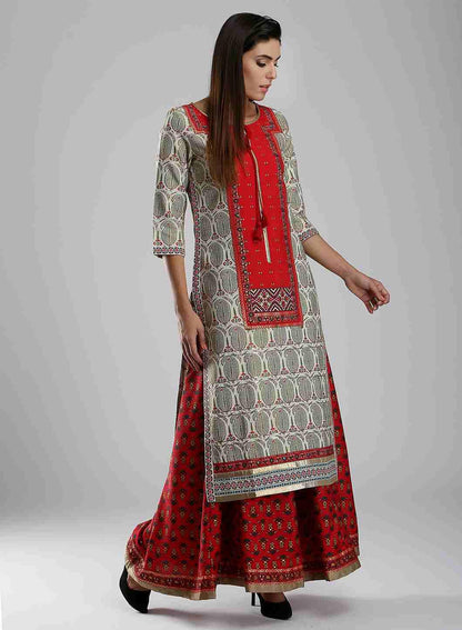 Off-White &amp; Red Printed kurta - wforwoman