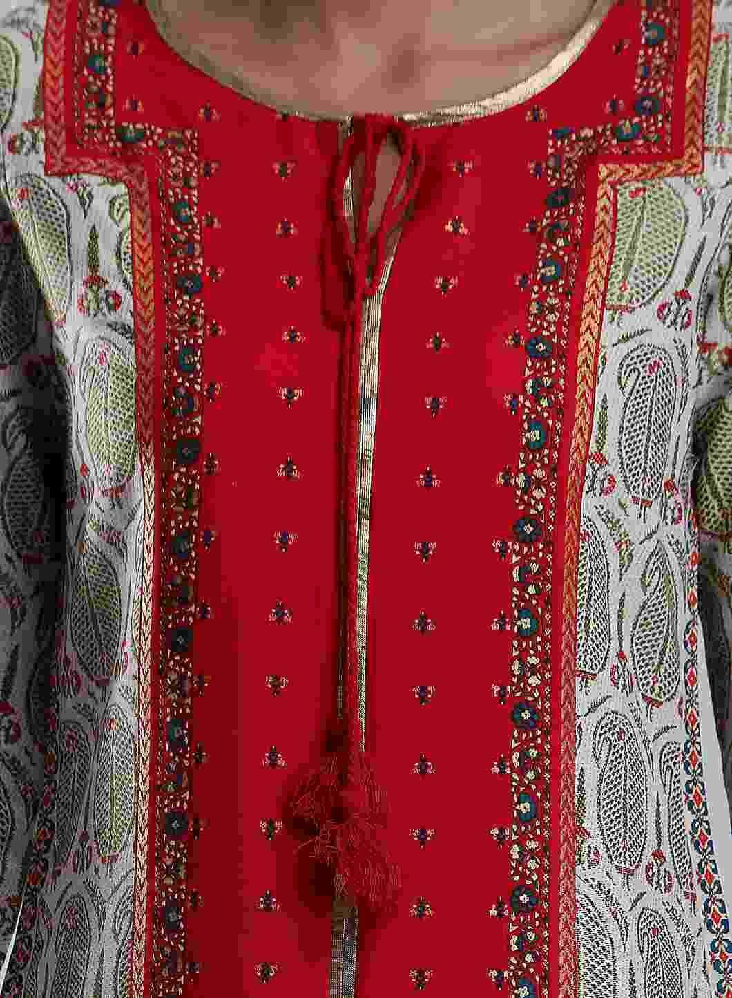 Off-White &amp; Red Printed kurta - wforwoman