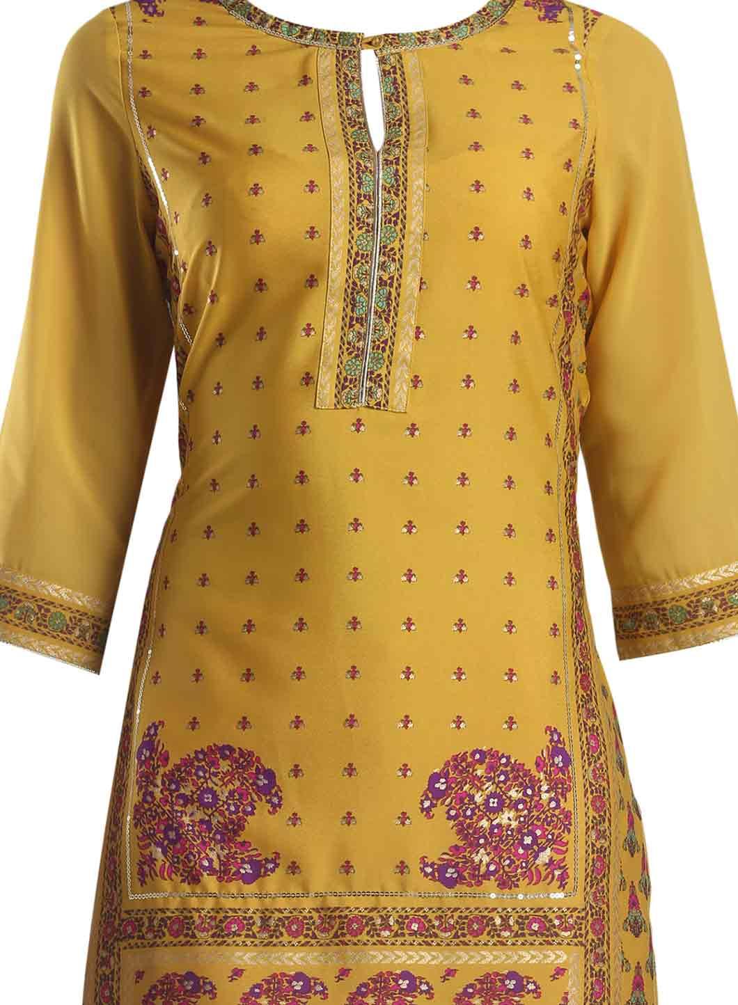 Yellow Printed Round Neck kurta - wforwoman