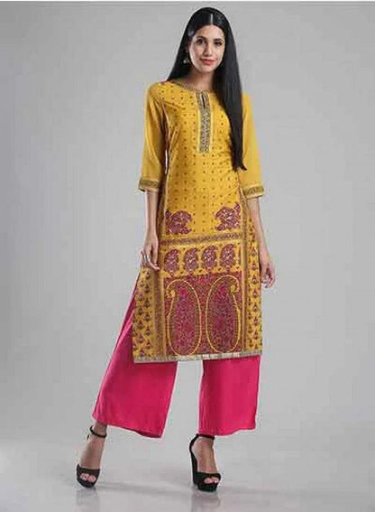 Yellow Printed Round Neck kurta - wforwoman