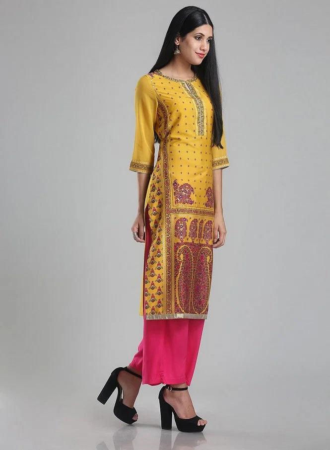 Yellow Printed Round Neck kurta - wforwoman