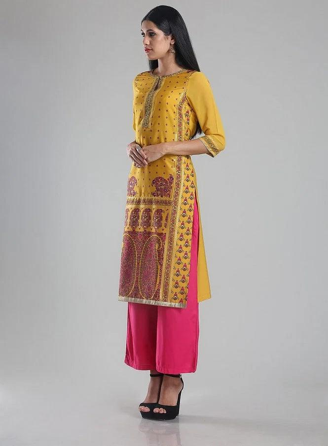 Yellow Printed Round Neck kurta - wforwoman