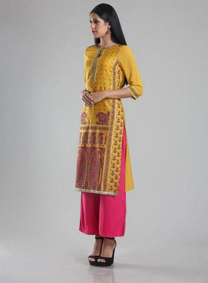 Yellow Printed Round Neck kurta - wforwoman