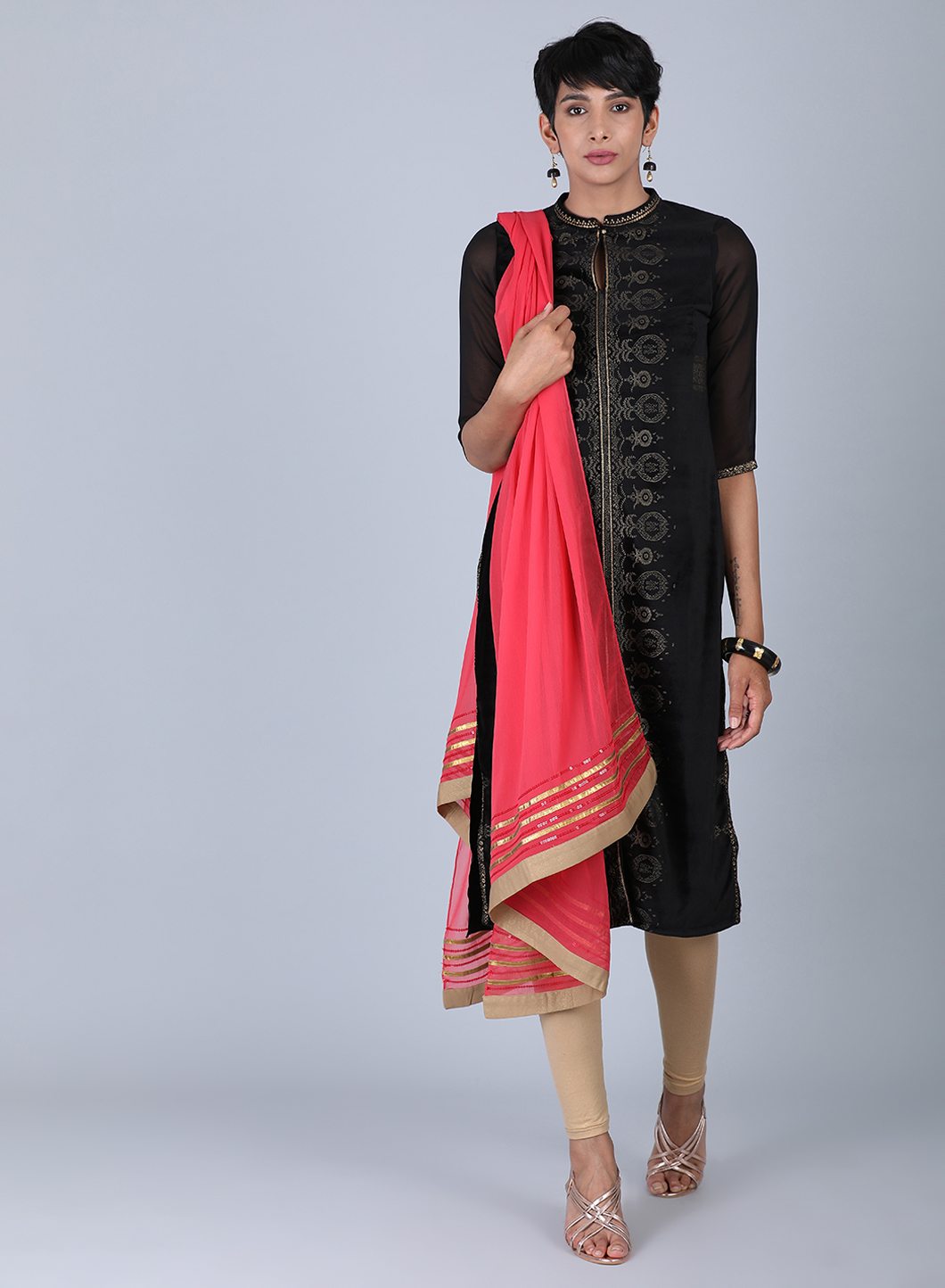 Black Printed Mandarin Neck kurta