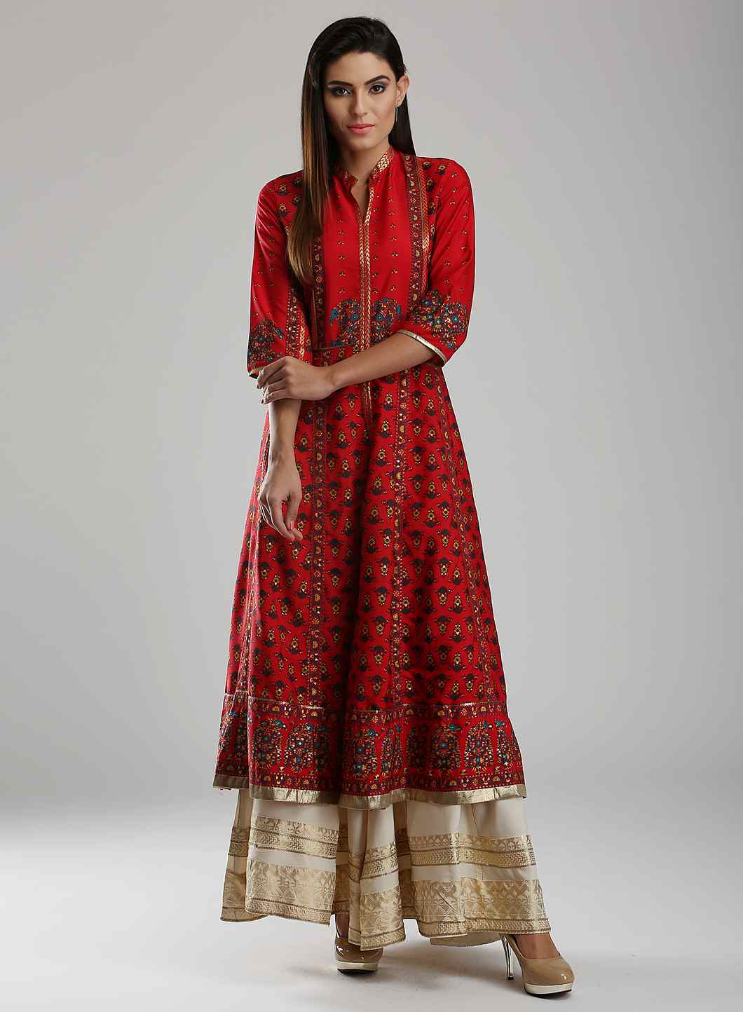 Red Printed Mandarin Neck kurta