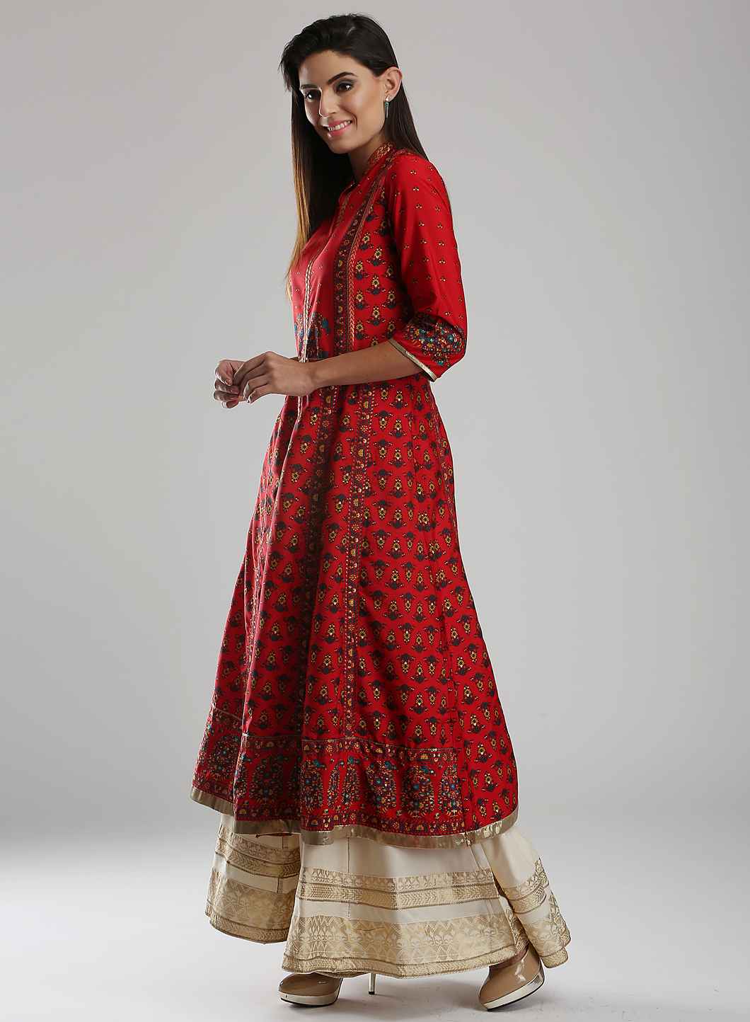 Red Printed Mandarin Neck kurta