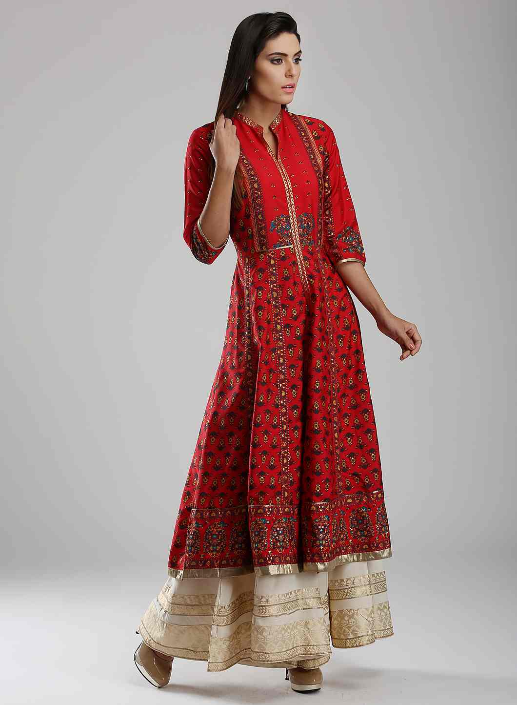 Red Printed Mandarin Neck kurta