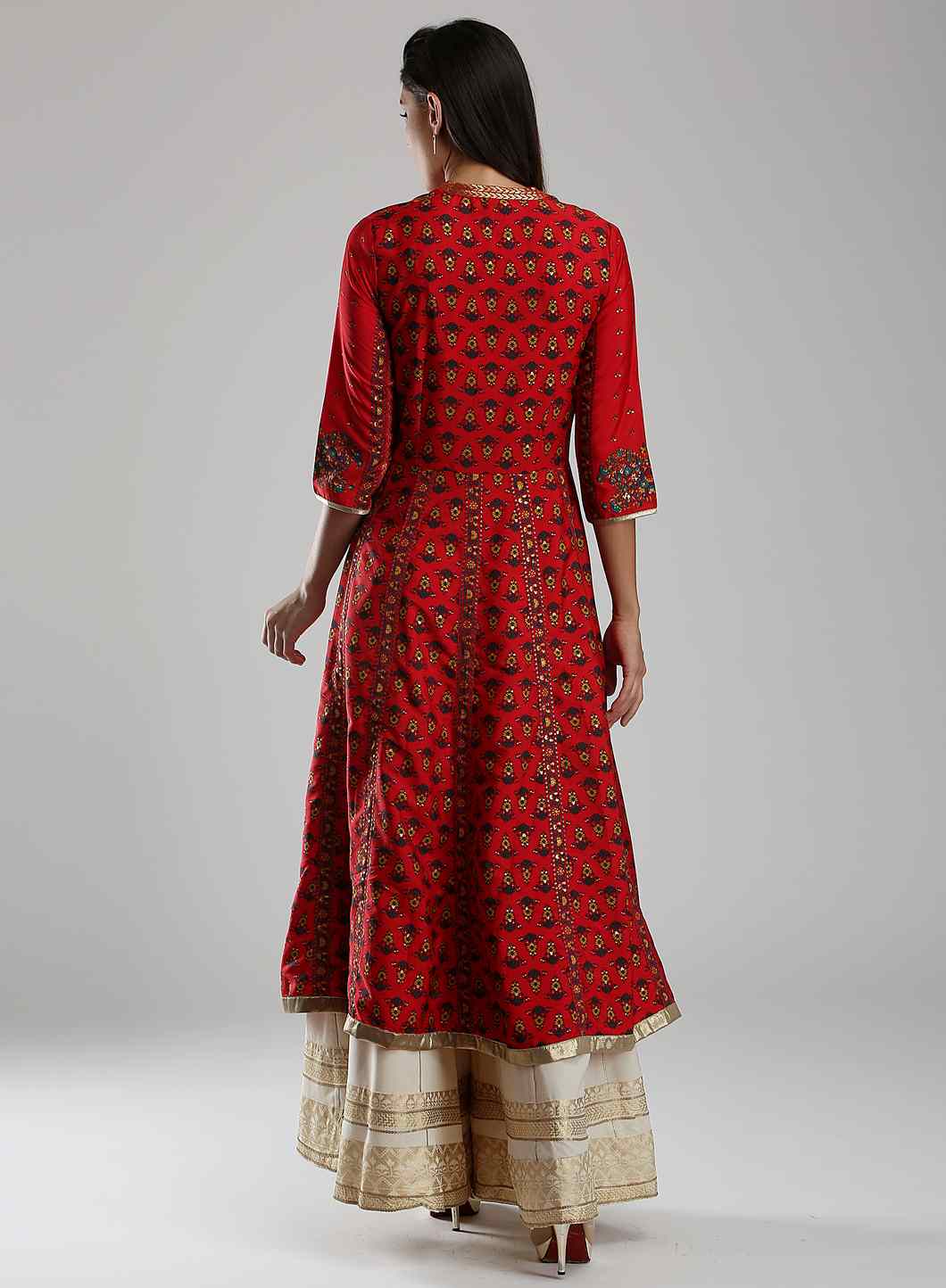 Red Printed Mandarin Neck kurta