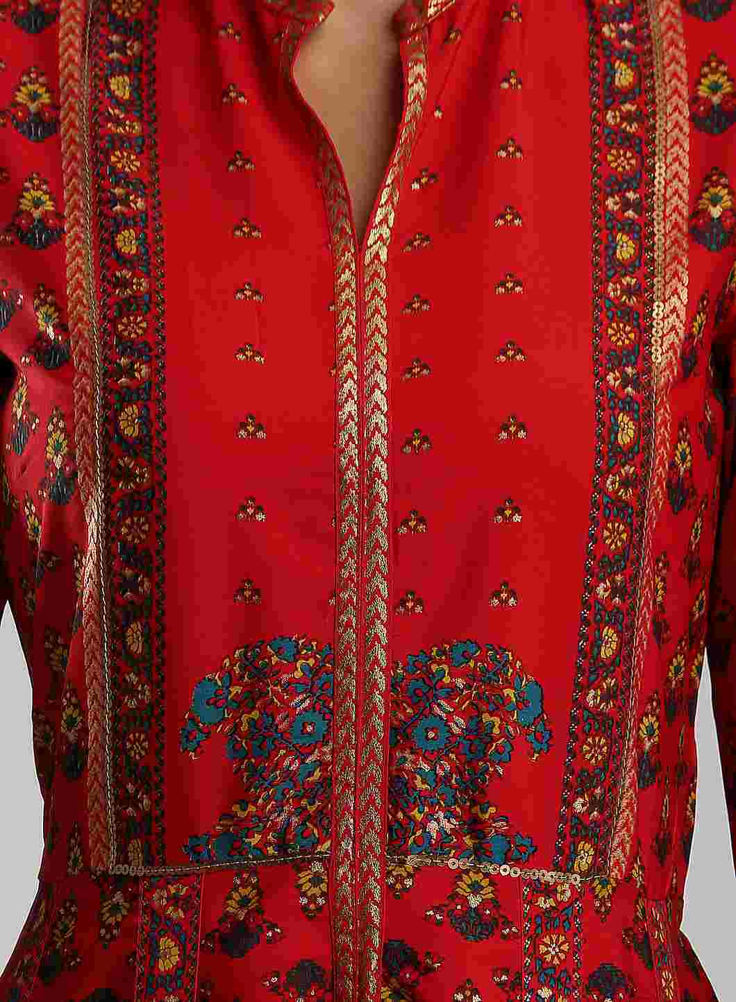 Red Printed Mandarin Neck kurta