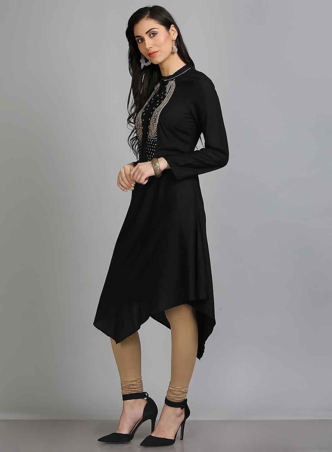 Black Asymmetrical Mandarin Neck kurta - wforwoman