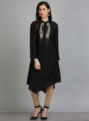 Black Asymmetrical Mandarin Neck kurta - wforwoman