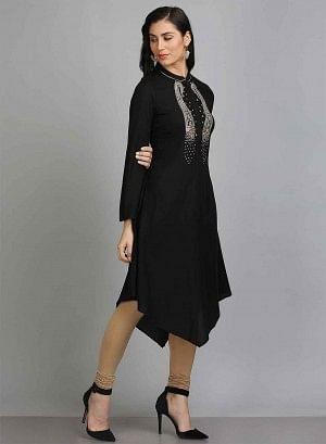 Black Asymmetrical Mandarin Neck kurta - wforwoman