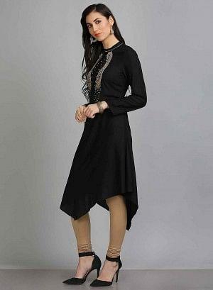 Black Asymmetrical Mandarin Neck kurta - wforwoman