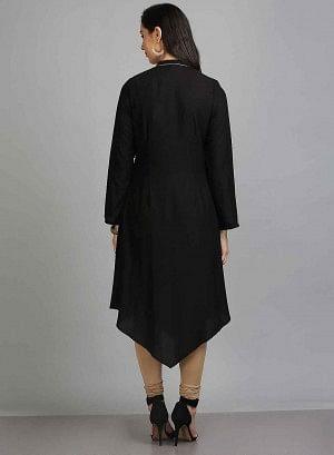 Black Asymmetrical Mandarin Neck kurta - wforwoman