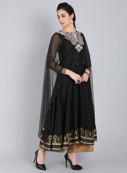 Black Embellished Round Neck Cape Style kurta - wforwoman