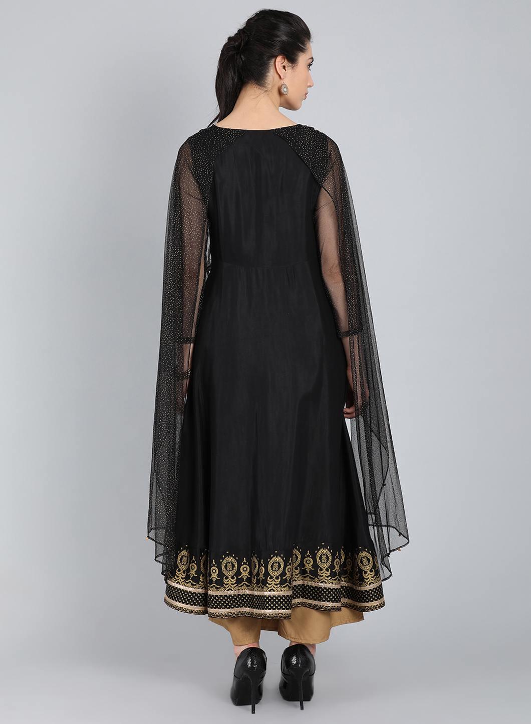 Black Embellished Round Neck Cape Style kurta - wforwoman