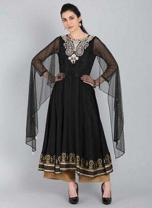 Black Embellished Round Neck Cape Style kurta - wforwoman