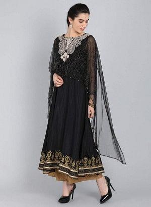 Black Embellished Round Neck Cape Style kurta - wforwoman