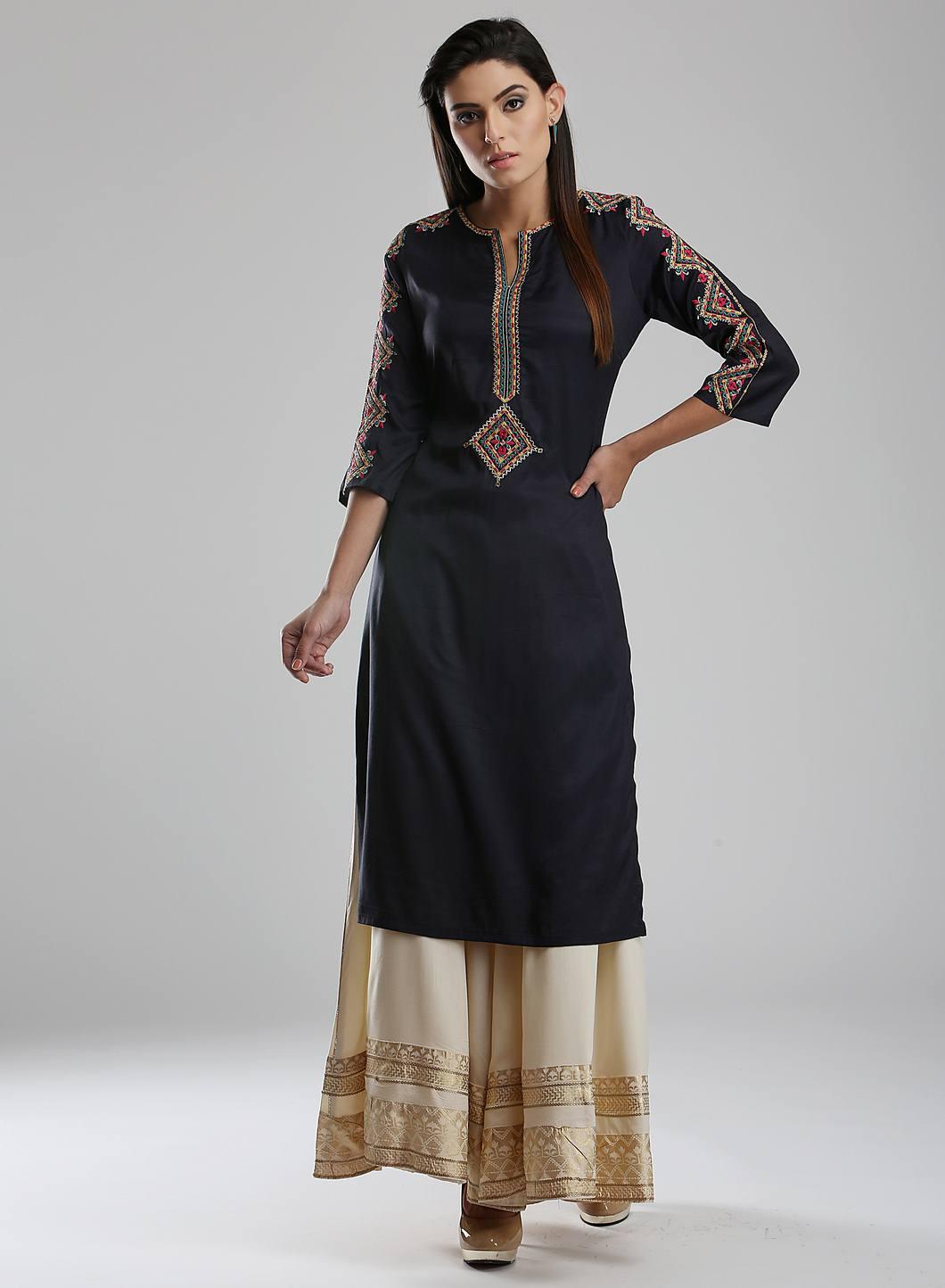 Black Printed Round Neck kurta - wforwoman