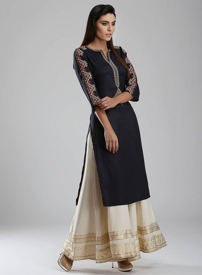 Black Printed Round Neck kurta - wforwoman