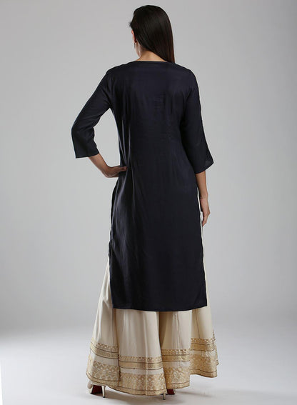 Black Printed Round Neck kurta - wforwoman