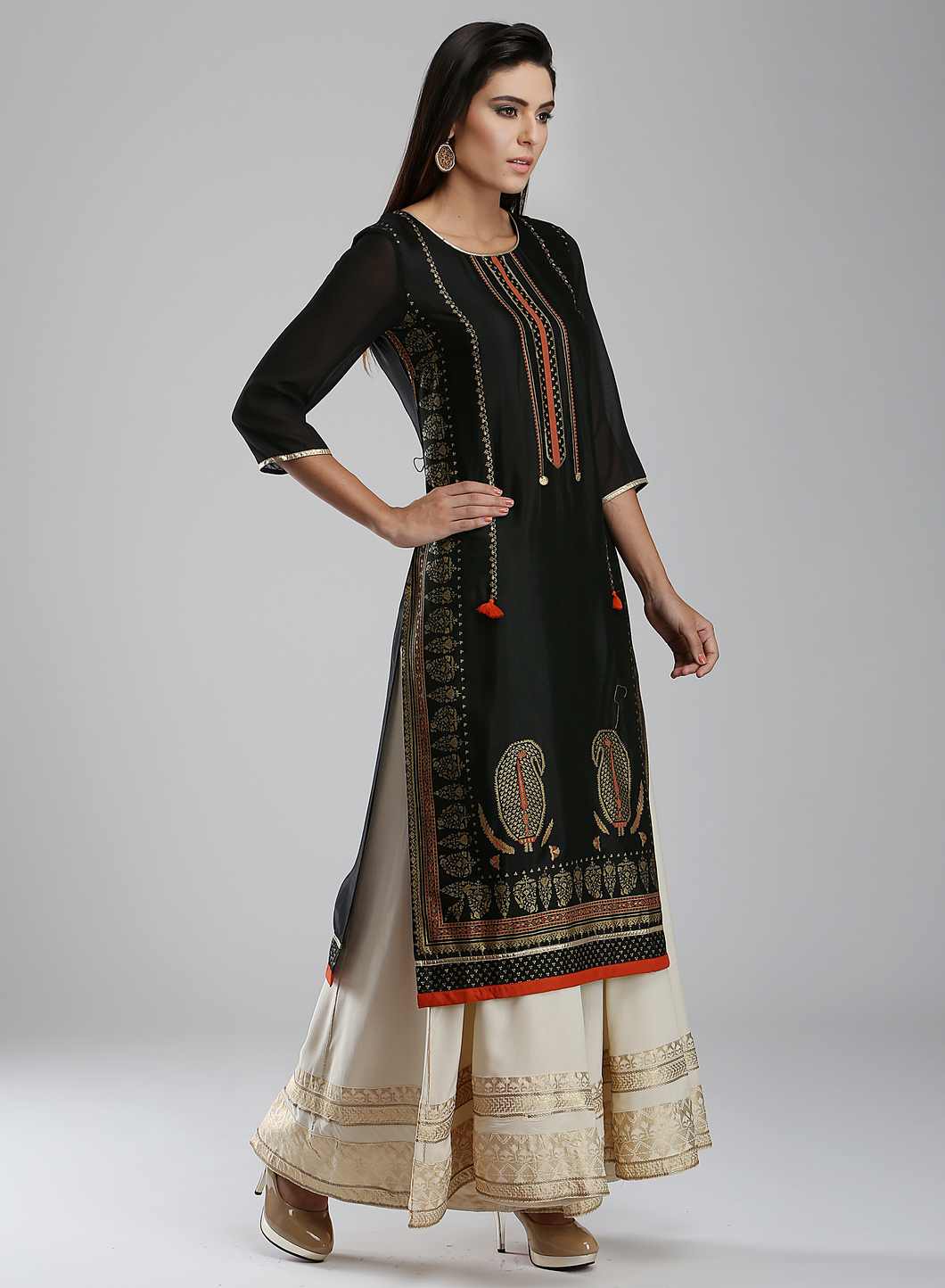 Black Printed Round Neck kurta