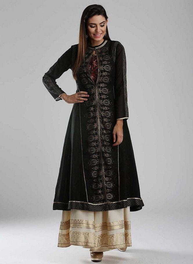 Black Printed Mandarin Neck kurta - wforwoman