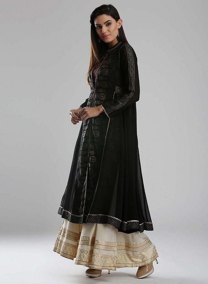 Black Printed Mandarin Neck kurta - wforwoman