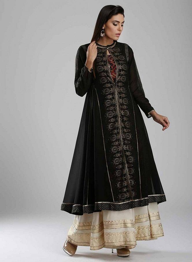 Black Printed Mandarin Neck kurta - wforwoman