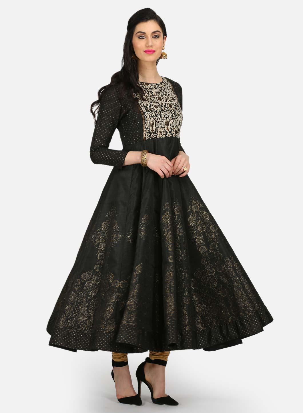 Black Embellished Round Neck Mughal Gown - wforwoman