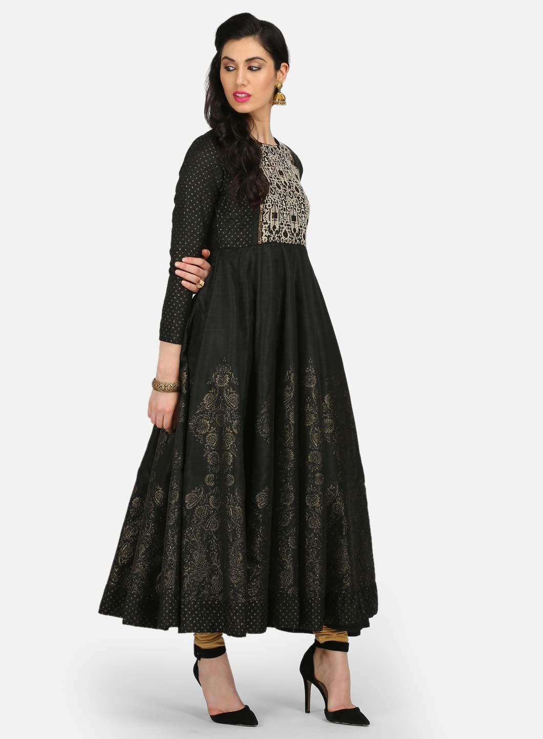 Black Embellished Round Neck Mughal Gown - wforwoman